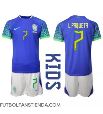 Brasil Lucas Paqueta #7 Segunda Equipación Niños Mundial 2022 Manga Corta (+ Pantalones cortos)